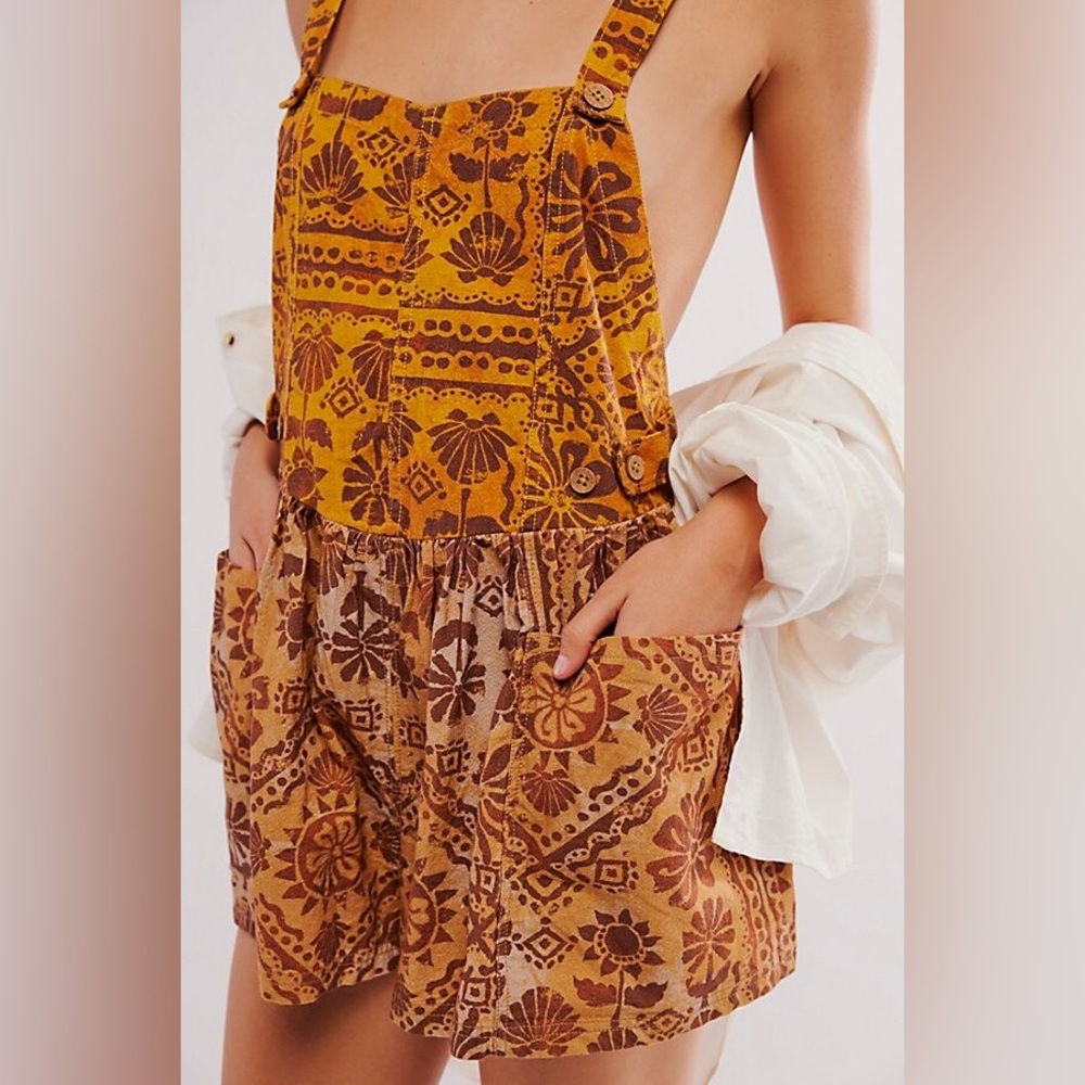 Free People Yellow and Brown Palm Bay Shortalls / Overhalls / Romper